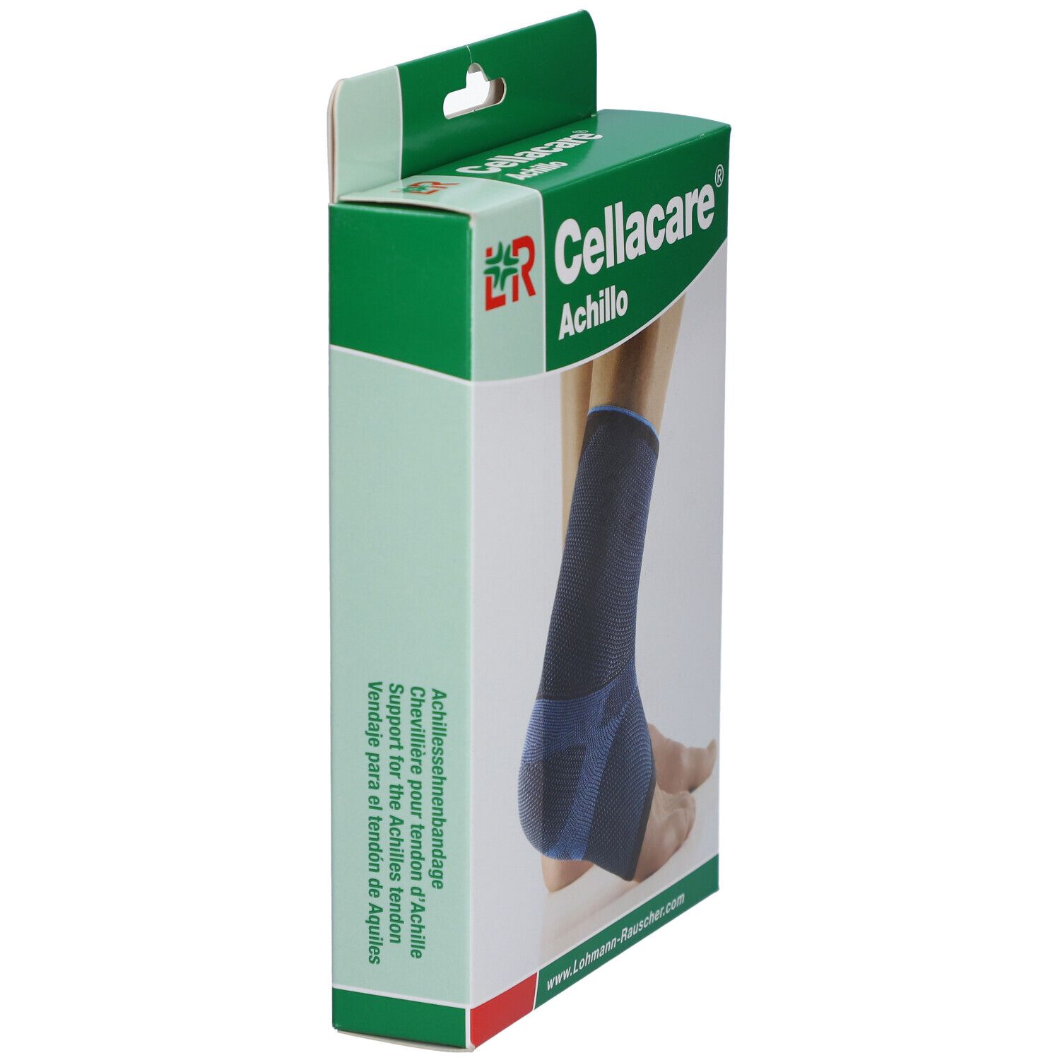 Cellacare Achillo Achillessehnenbandage in Verpackung. Seitenansicht. Blau-schwarze Bandage am Fuß abgebildet.
