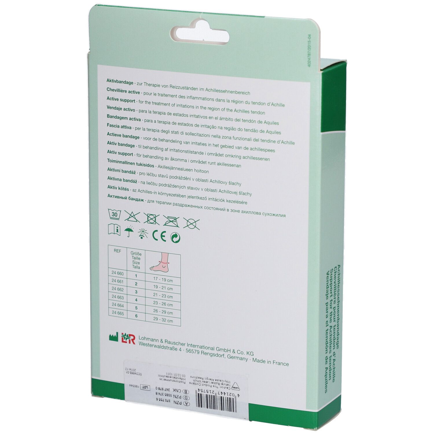 Rückseite der Cellacare Achillo Verpackung. Text in mehreren Sprachen. Größenangaben und Waschsymbole.