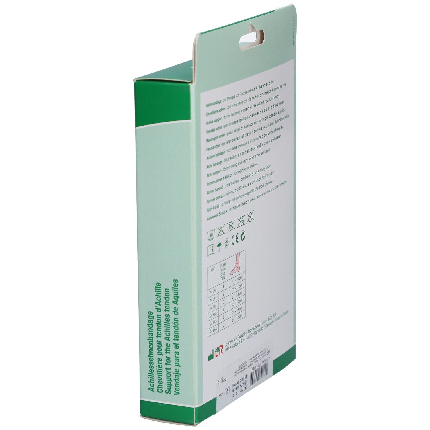 Seitenansicht der Cellacare Achillo Verpackung. Text in mehreren Sprachen. Größenangaben und Waschsymbole.