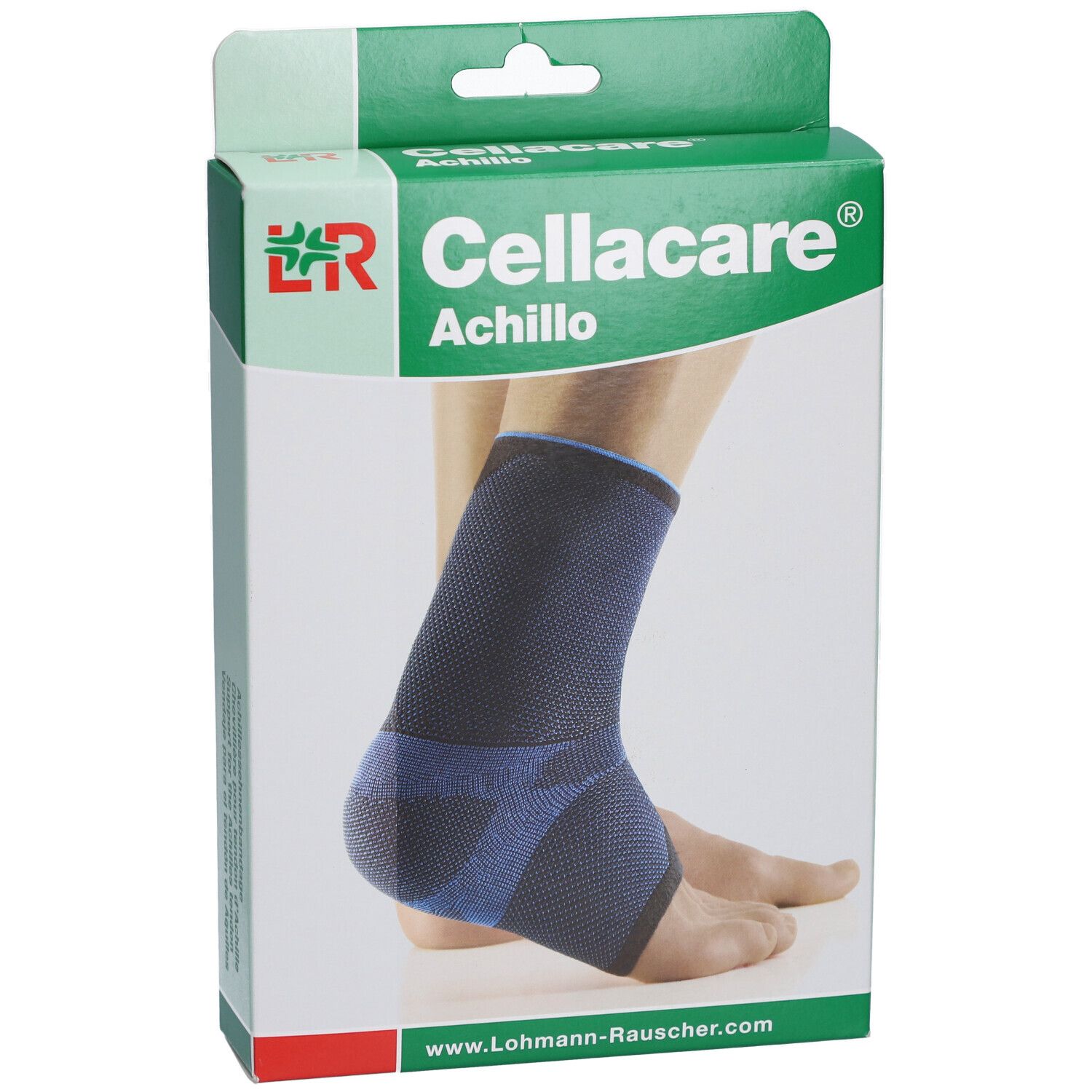 Cellacare Achillo Achillessehnenbandage in Verpackung. Blau-schwarze Bandage am Fuß abgebildet. Logo und Schriftzug.