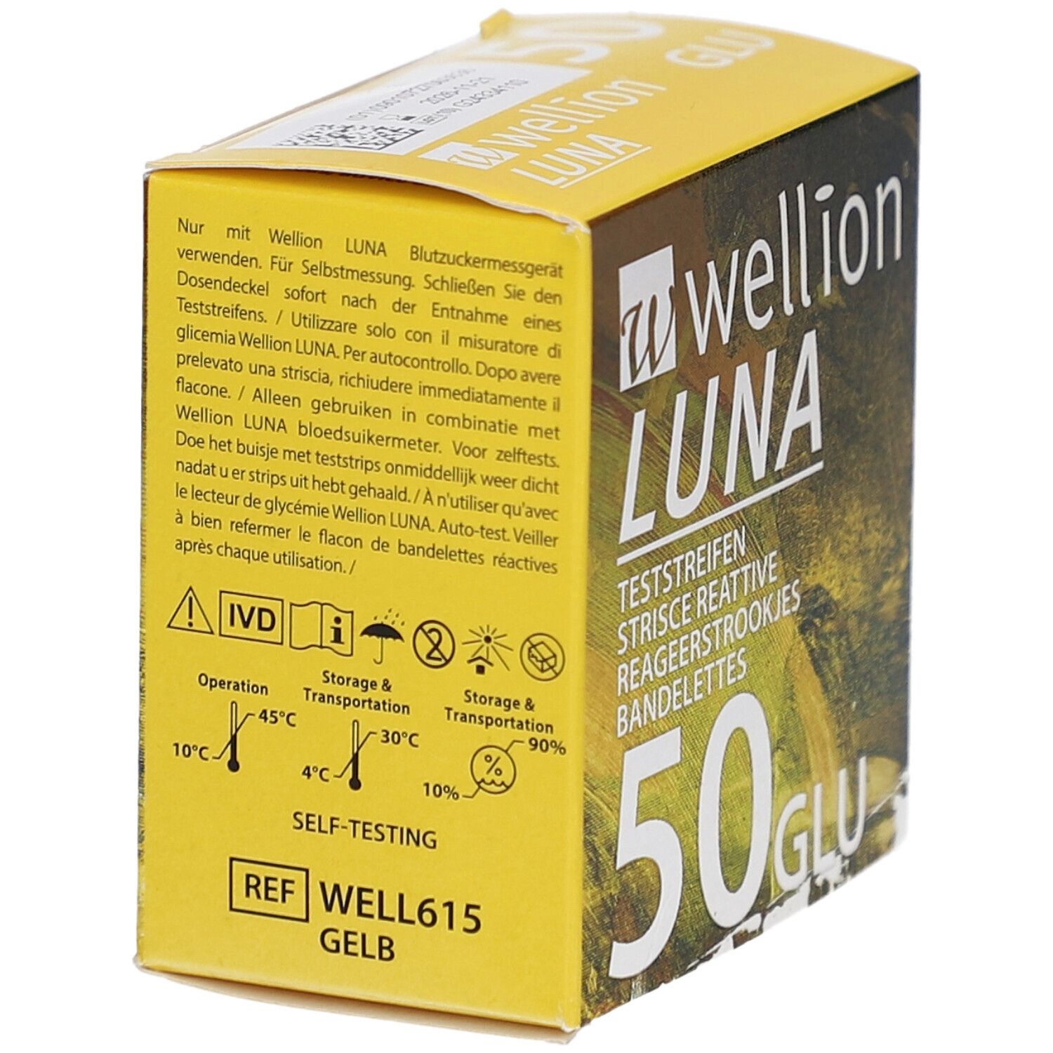 Gelbe Schachtel mit "wellion LUNA"-Logo und Text. Enthält 50 Teststreifen. Aufschrift: Teststreifen, Strisce reattive, Reageerstrookjes, Bandelettes. Mit Symbolen.
