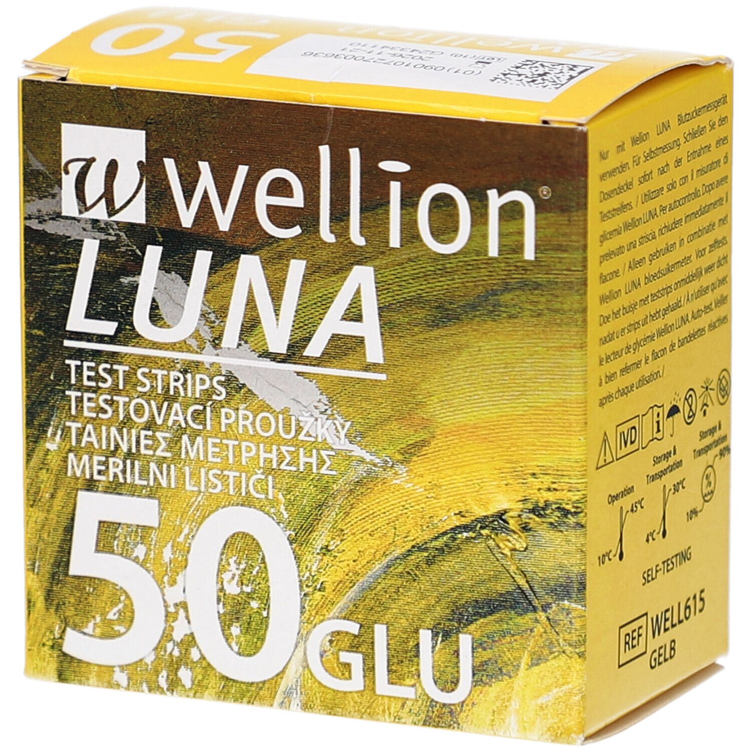 Gelbe Schachtel mit "wellion LUNA"-Logo und Text. Enthält 50 Teststreifen. Aufschrift: Teststreifen, Testovaci prouzky, Tainies metrissis, Merilni listici.
