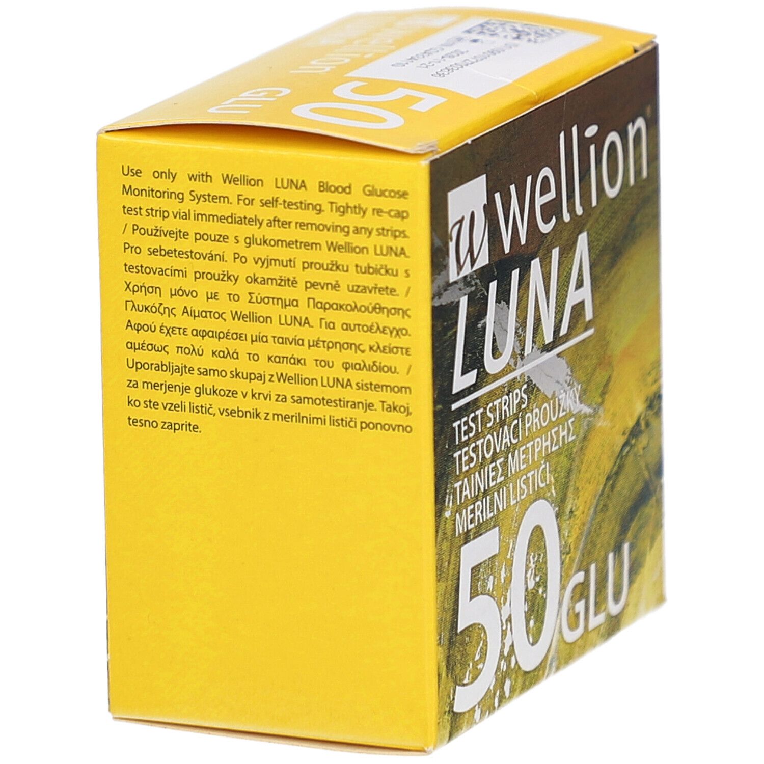Gelbe Schachtel mit "wellion LUNA"-Logo und Text. Enthält 50 Teststreifen. Aufschrift: Teststreifen, Testovaci prouzky, Tainies metrissis, Merilni listici.