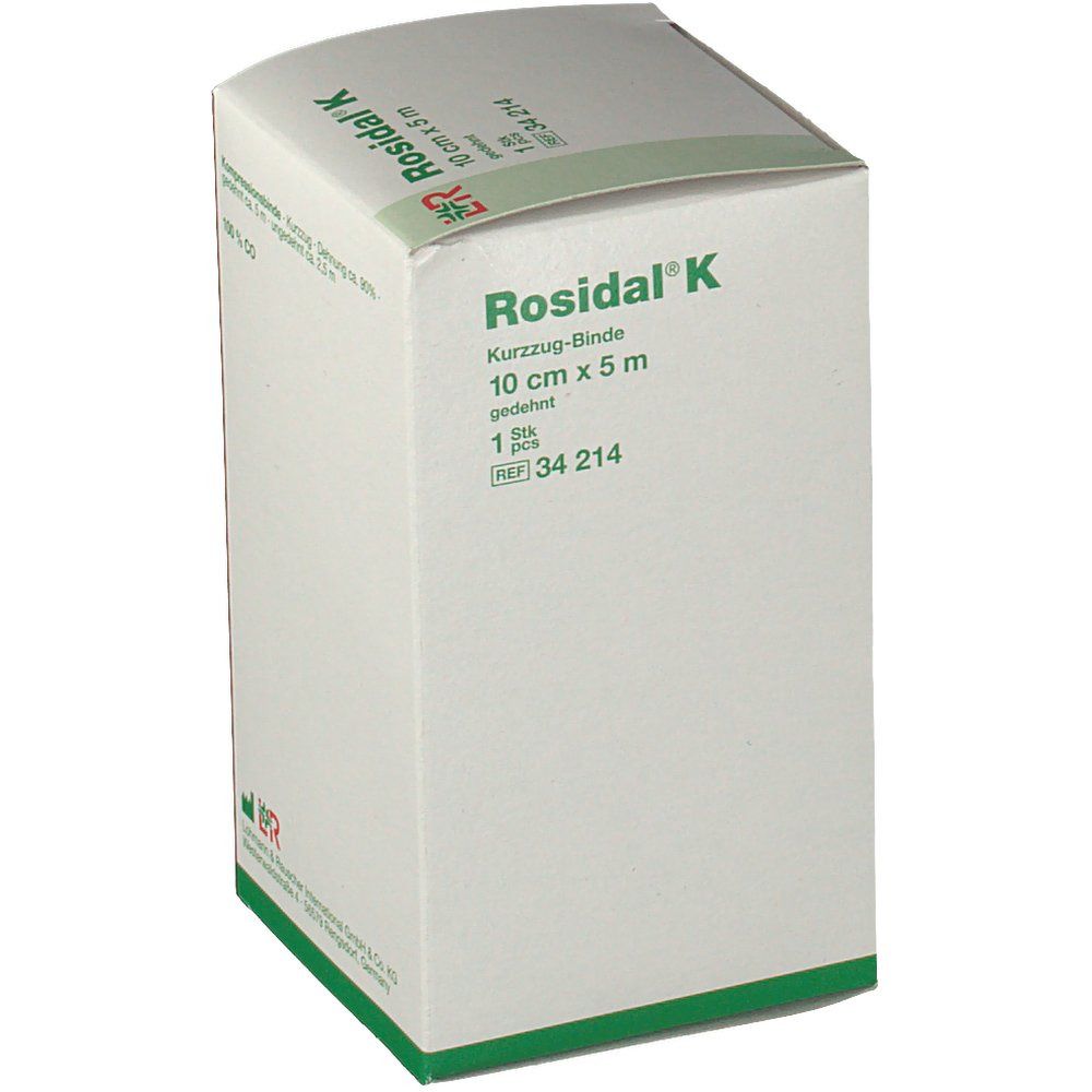 Verpackung von Rosidal® K. Kurz-Zug-Binde, 10 cm x 5 m. Text und Logo.