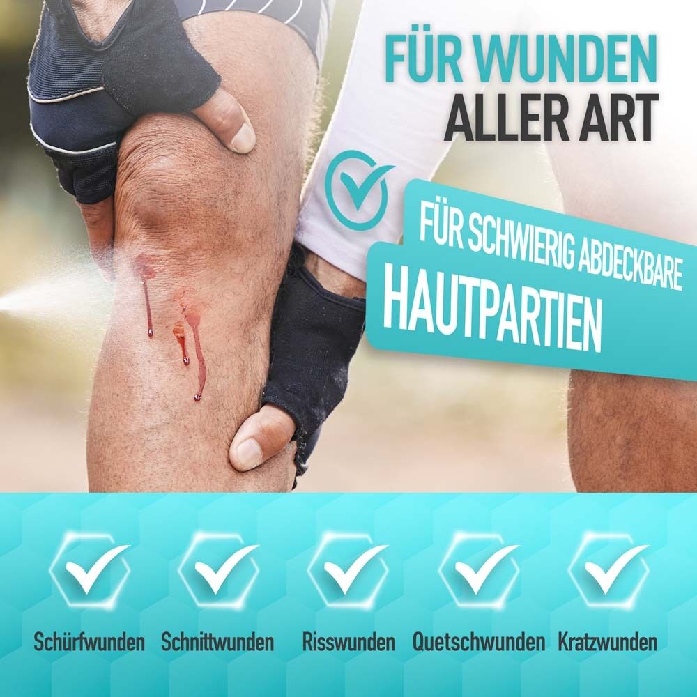 Knie mit Wunde. Text: Für Wunden aller Art. Für schwierig abdeckbare Hautpartien. Icons.
