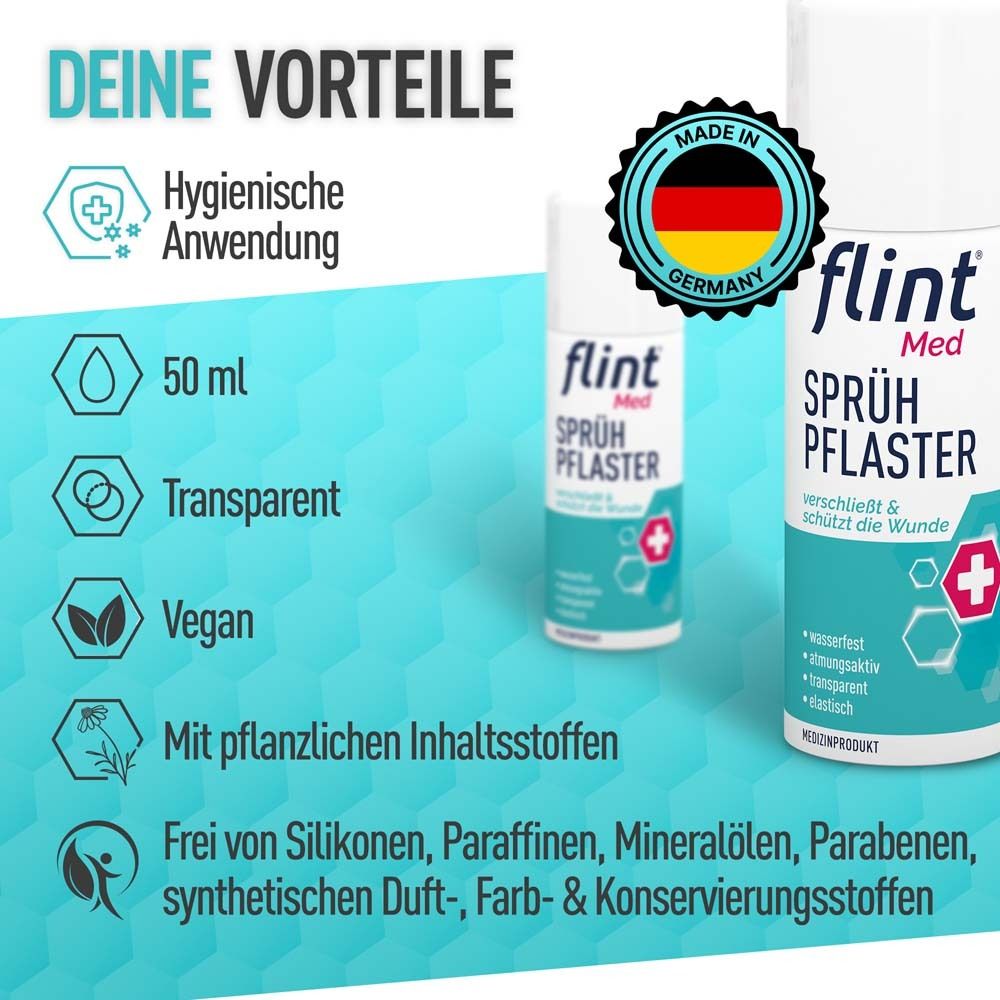 flint® Med Sprühpflaster und Flasche. Text: Hygienische Anwendung, 50 ml, transparent, vegan, mit pflanzlichen Inhaltsstoffen.