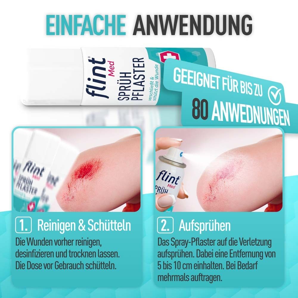 Anwendung von flint® Med Sprühpflaster. Text: Reinigen & Schütteln, Aufsprühen. Geeignet für bis zu 80 Anwendungen.