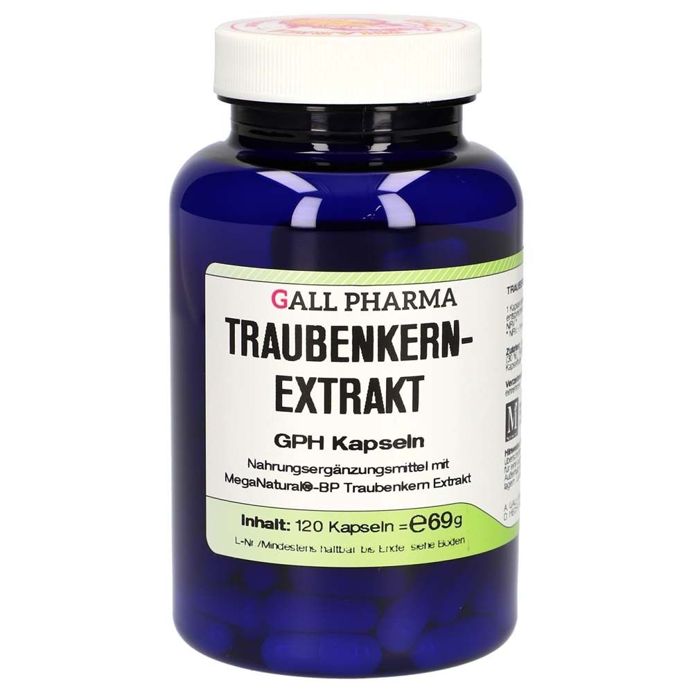 Blaue Flasche mit weißen Deckel. Aufschrift: GALL PHARMA Traubenkernextrakt. 120 Kapseln.
