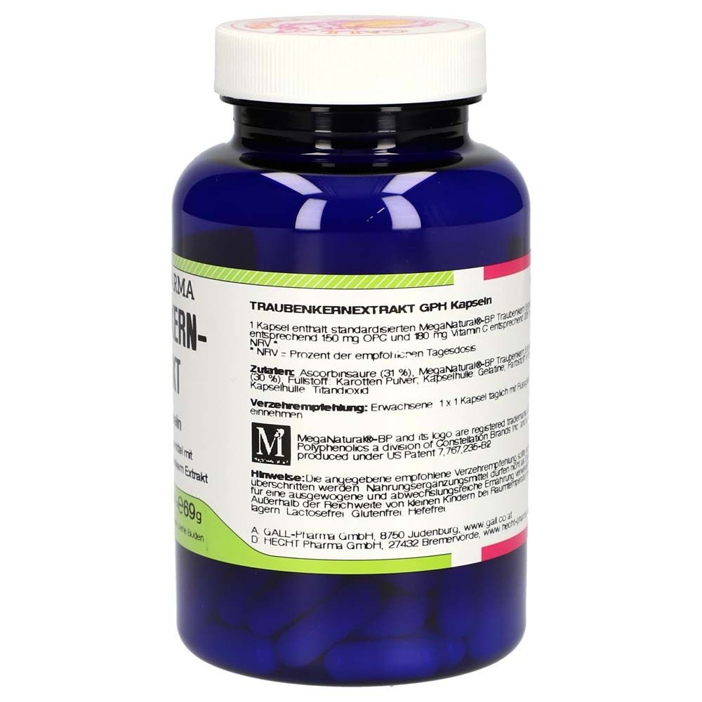 Blaue Flasche mit weißem Deckel. Rückseite mit Text. GALL PHARMA Traubenkernextrakt. GPH Kapseln.