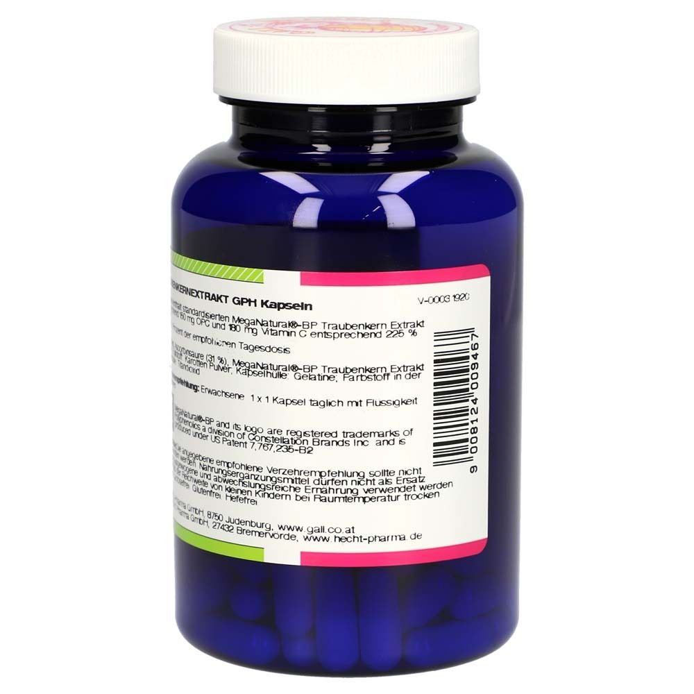 Blaue Flasche mit weißem Deckel. Rückseite mit Text. GALL PHARMA Traubenkernextrakt. GPH Kapseln.