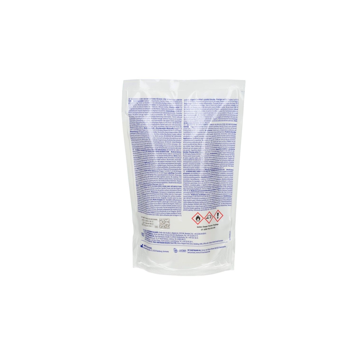 Rückseite des Nachfüllbeutels mit Bacillol® Tissues. Text, Warnhinweise und Gefahrensymbole auf weißem Hintergrund.