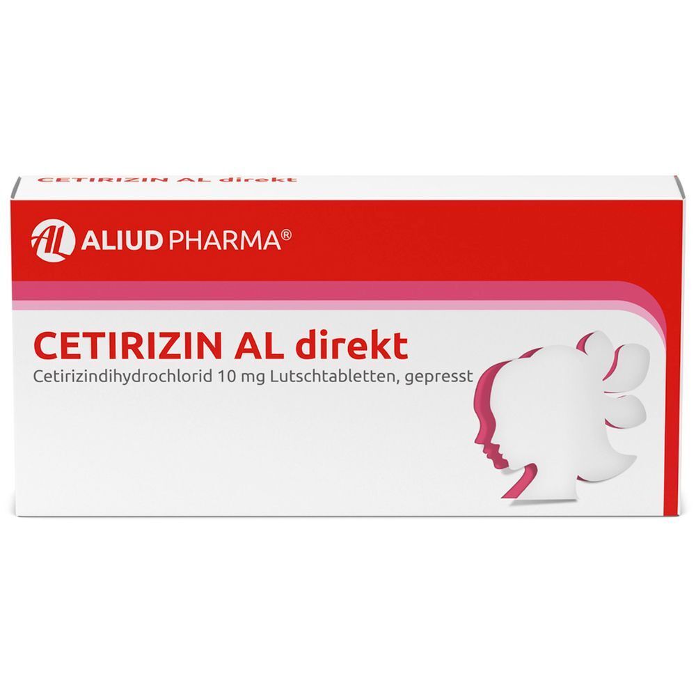 Weiße Schachtel mit rotem Deckel. Aufschrift: CETIRIZIN AL direkt. Logo: AL, Frauengesicht.