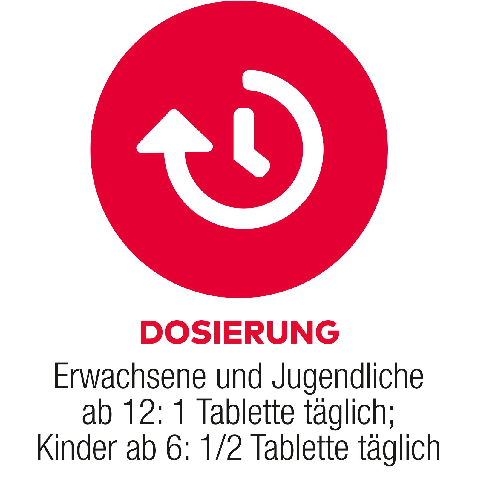 Roter Kreis mit weißem Symbol: Uhr und Pfeil. Text: DOSIERUNG. Text: Erwachsene und Jugendliche ab 12: 1 Tablette täglich.