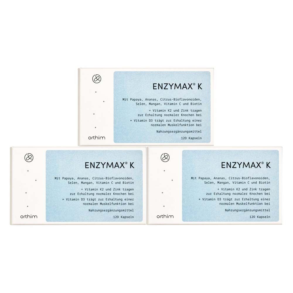 Drei Schachteln Enzymax® K. Auf jeder Schachtel steht der Name und die Inhaltsstoffe. 120 Kapseln.