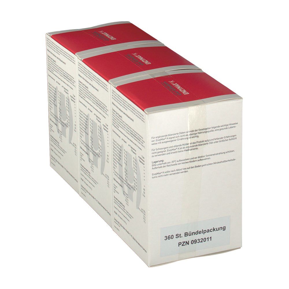 Drei Packungen Enzymax® K in einer Umverpackung. Auf der Umverpackung steht "360 St. Bündelpackung".