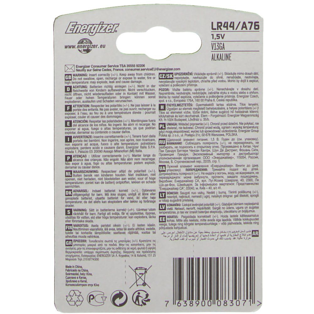 Rückseite der Blisterverpackung mit Produktinformationen, Warnhinweisen und technischen Daten. Marke Energizer, Typ LR44/A76.