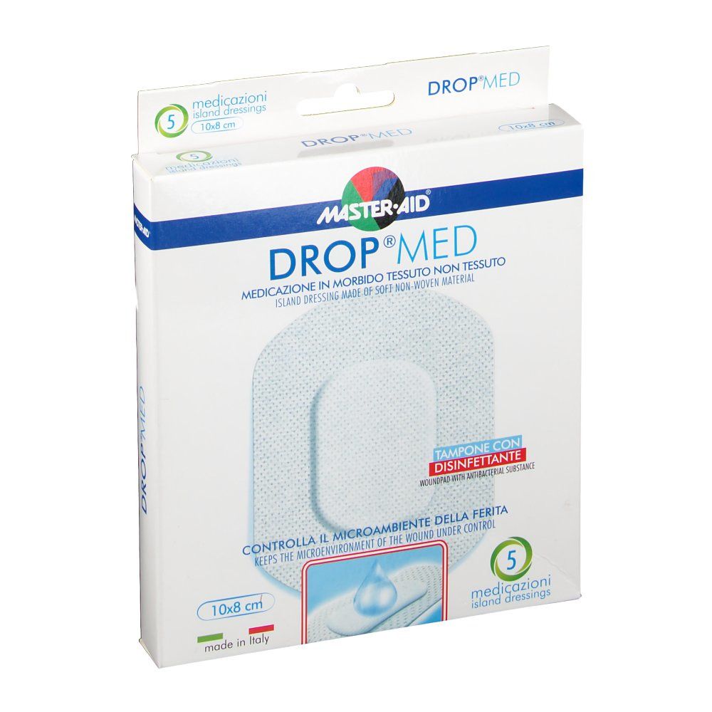 Verbandpackung mit 5 sterilen Wundverbänden. Größe: 10x8 cm. Marke: DROP MED. Verpackung mit Produktinformationen.