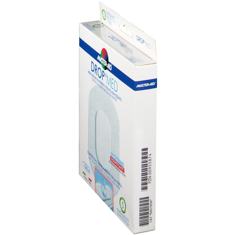 Seitenansicht der Verpackung mit Wundverbänden. Marke DROP MED. Produktinformationen und Barcode sichtbar.