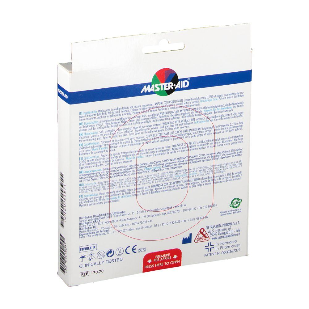 Rückseite der Verpackung mit Produktinformationen. Text in mehreren Sprachen. Steril-Kennzeichnung.