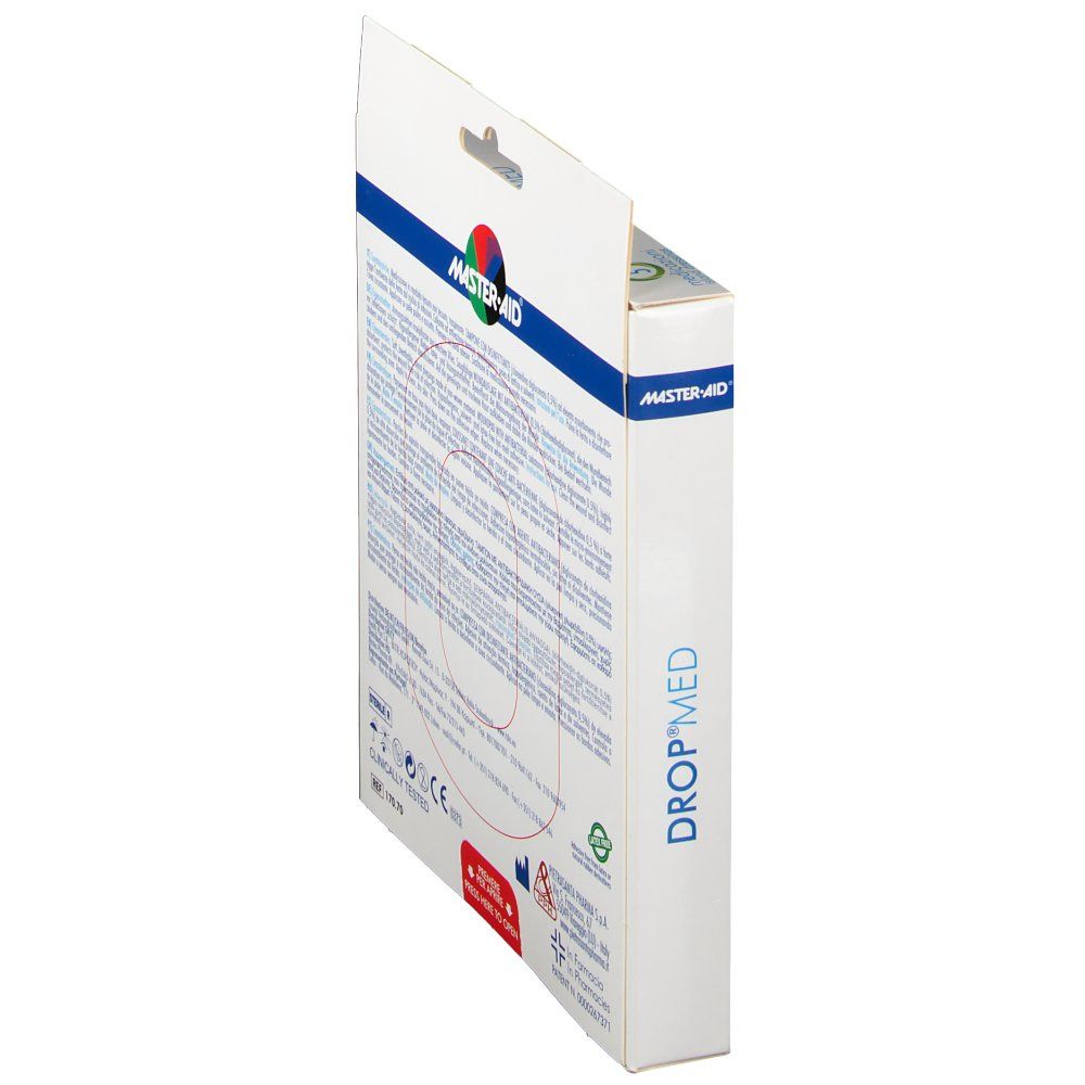 Seitenansicht der Verpackung mit Produktinformationen. Marke DROP MED. Text in mehreren Sprachen.