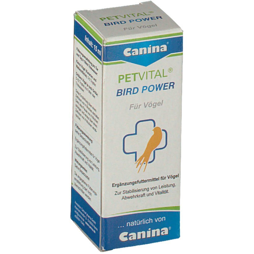 Karton PETVITAL Bird Power. Logo Canina, Schriftzug und Vogel-Symbol. Ergänzungsfuttermittel für Vögel. Grün-weiß-blaue Verpackung.