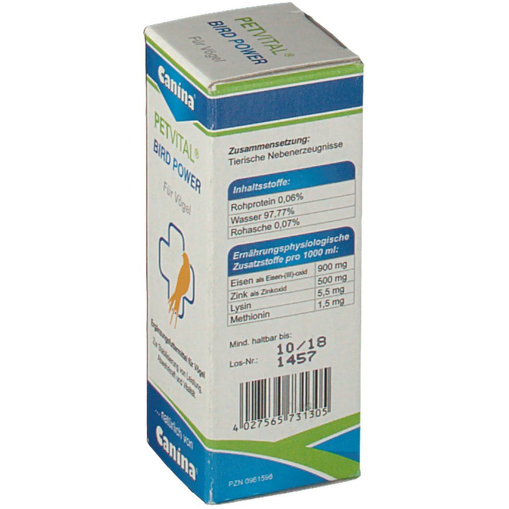 Rückseite der PETVITAL Bird Power Verpackung. Enthält Nährwertangaben und Mindesthaltbarkeitsdatum. Barcode unten.