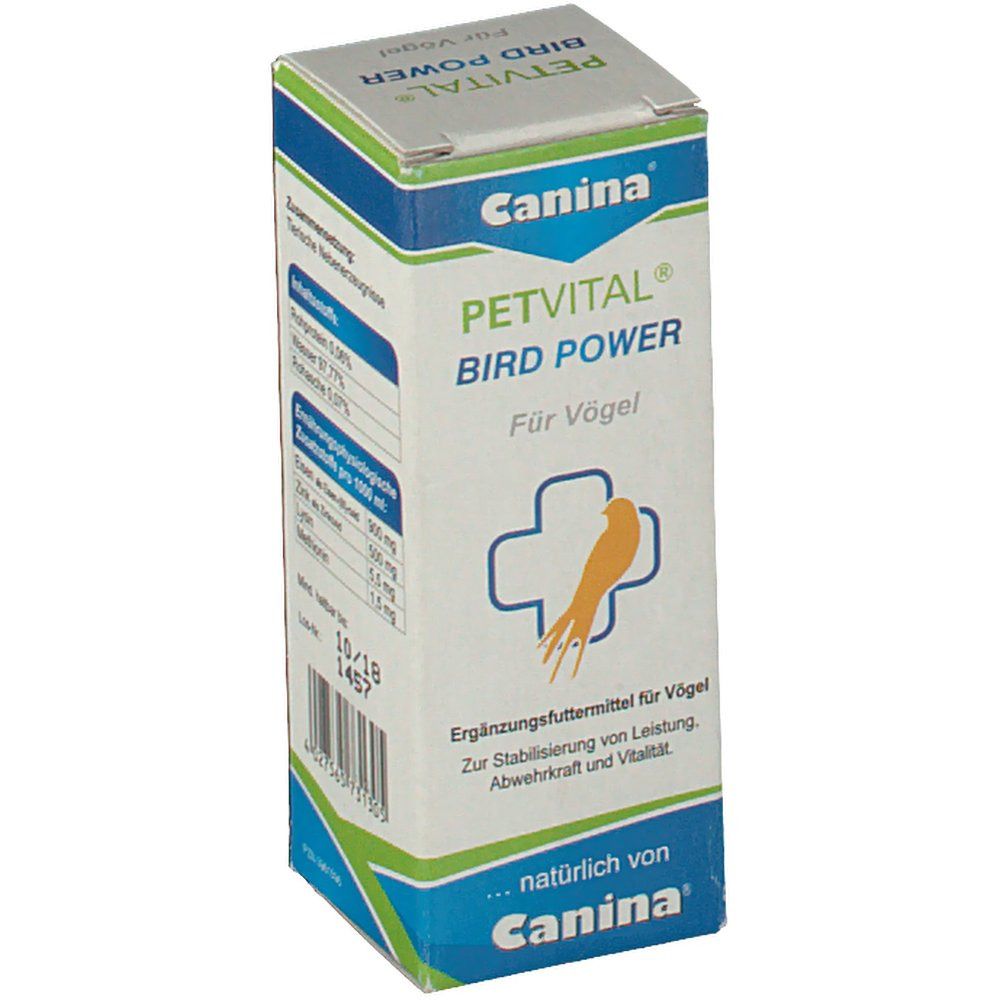 PETVITAL Bird Power Verpackung. Logo Canina, Schriftzug und Vogel-Symbol. Ergänzungsfuttermittel für Vögel. Grün-weiß-blaue Verpackung.