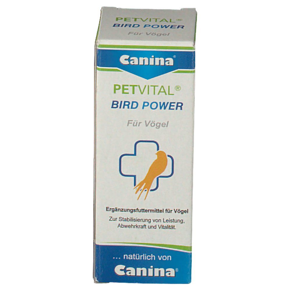 Vorderseite der PETVITAL Bird Power Verpackung. Logo Canina, Schriftzug und Vogel-Symbol. Ergänzungsfuttermittel für Vögel. Grün-weiß-blaue Verpackung.
