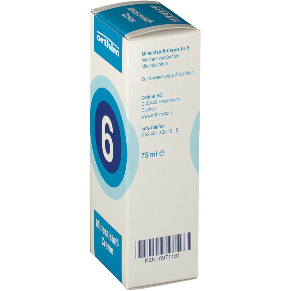 Schachtel mit Aufschrift: orthim, 6, Mineralstoff-Creme. Blaue Kreise auf weißem Hintergrund. Text: 75 ml.