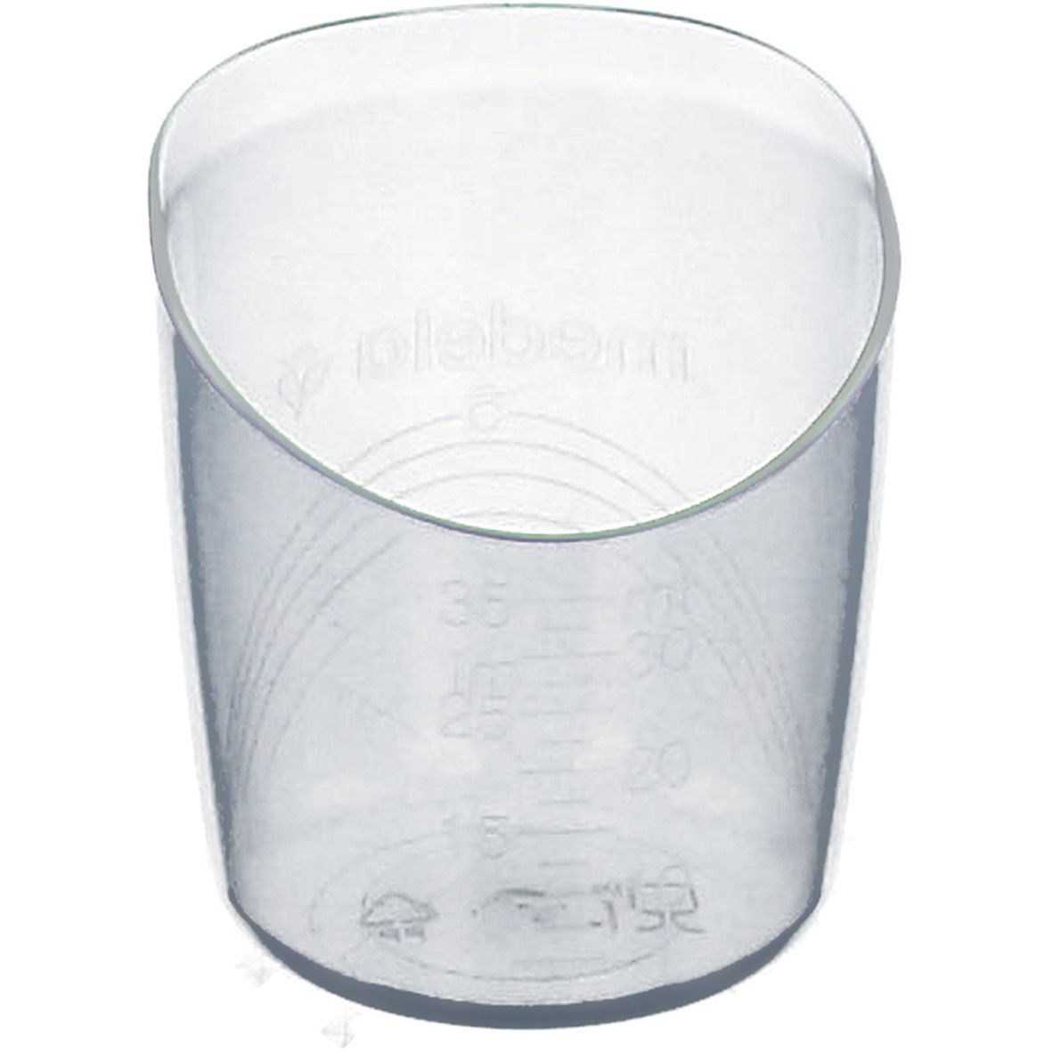 Transparenter Becher mit Messskala und Logo. Der obere Rand ist abgeschrägt. Skala mit Markierungen von 15 bis 35.