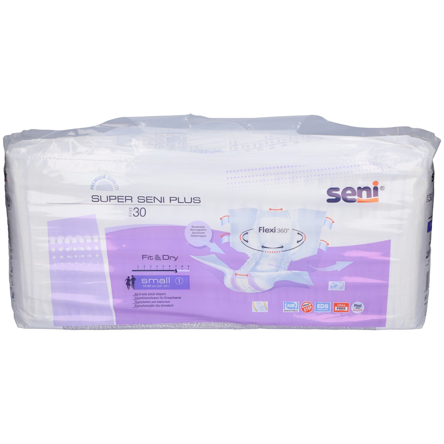 Verpackung Super Seni Plus, weiß, mit lila Akzenten. Aufschrift "small". Marke Seni. Produkt abgebildet.