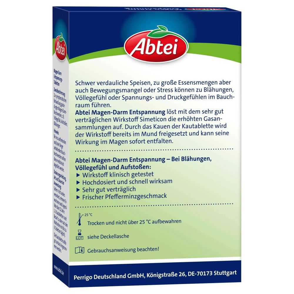 Rückseite der Abtei Magen-Darm Entspannungs-Tabletten Verpackung. Textinformationen, Inhaltsstoffe, Herstelleradresse.