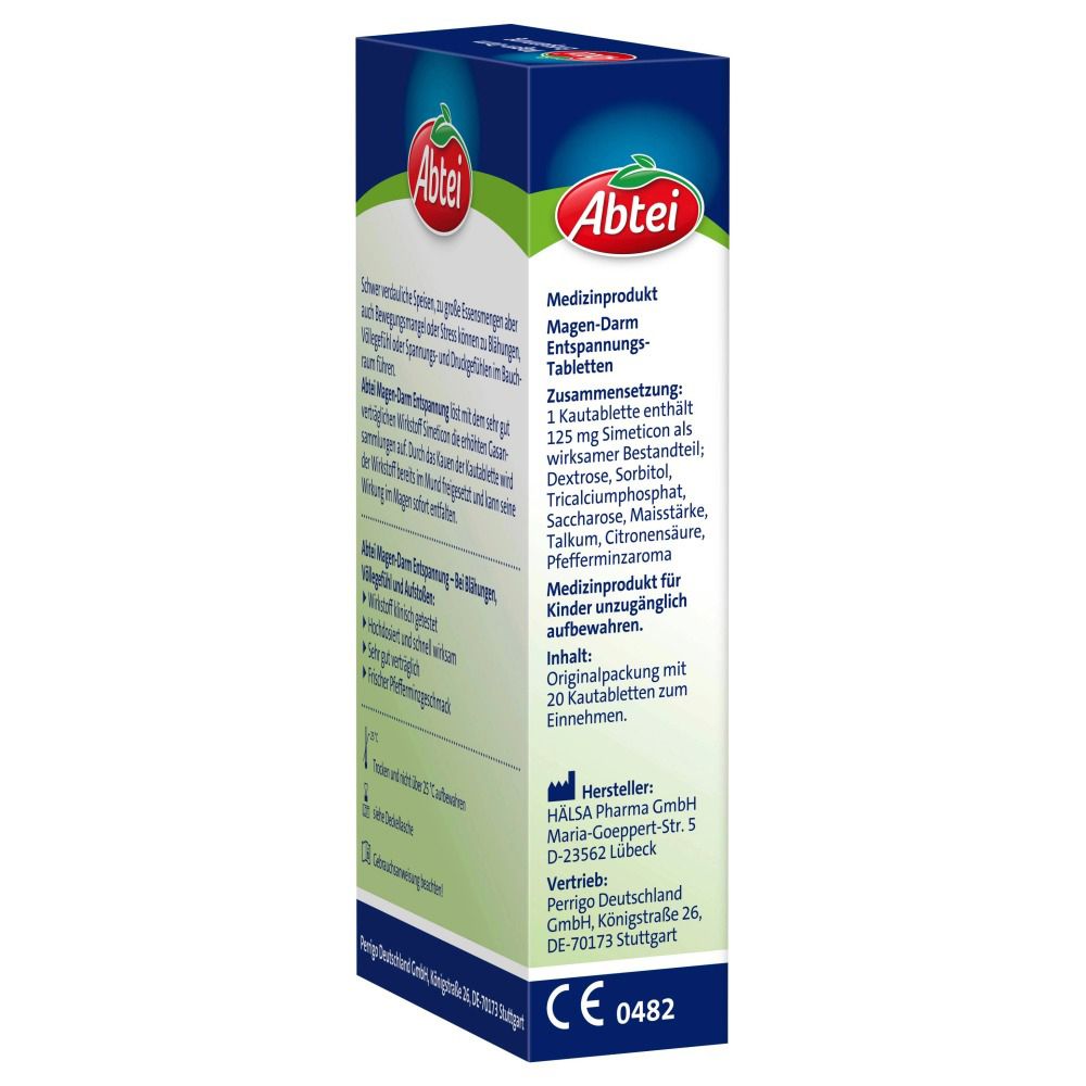 Seitenansicht der Abtei Magen-Darm Entspannungs-Tabletten Verpackung. Textinformationen, Inhaltsstoffe, Hersteller.