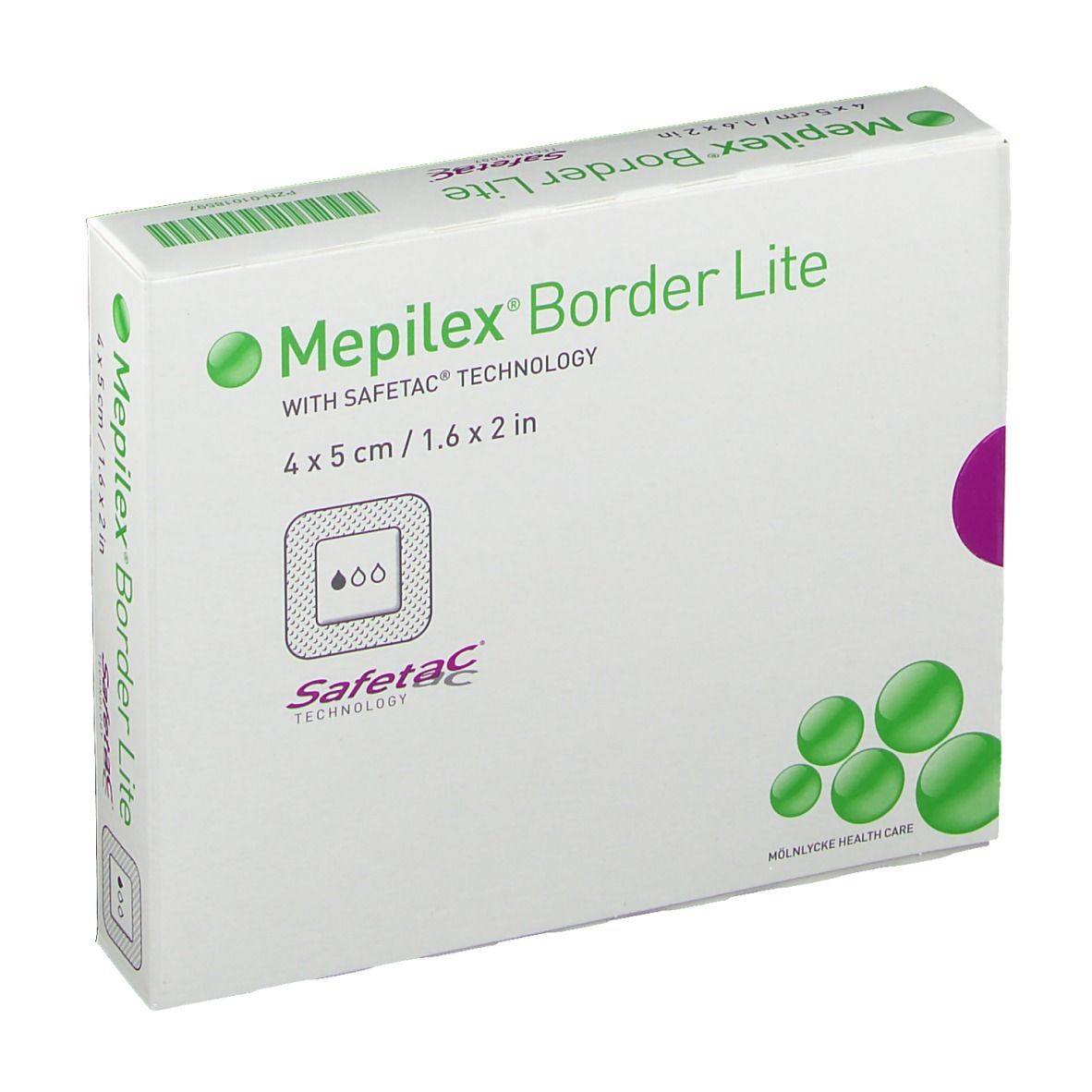 Verpackung von Mepilex® Border Lite. Größe 4 x 5 cm. Mit Safetac® Technologie. Grün-weiße Schachtel mit Produktabbildung.