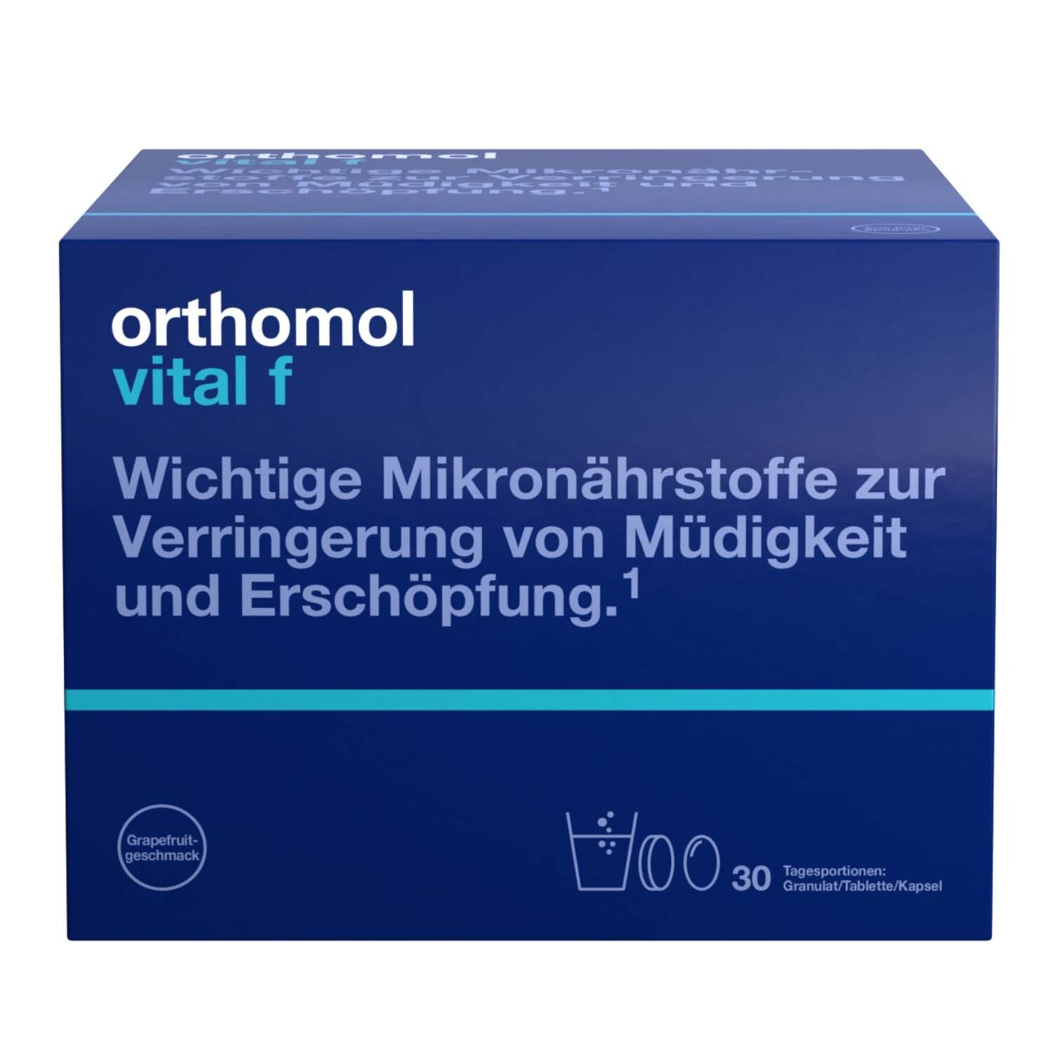 Orthomol Vital f für Frauen - bei Müdigkeit - mit B-Vitaminen, Omega-3, Magnesium - Granulat/Tabletten/Kapseln - Grapefruit-Geschmack