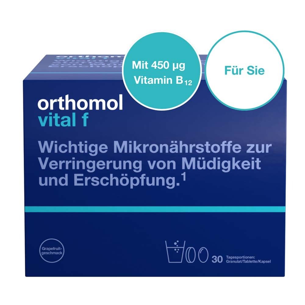 Orthomol Vital f für Frauen - bei Müdigkeit - mit B-Vitaminen, Omega-3, Magnesium - Granulat/Tabletten/Kapseln - Grapefruit-Geschmack