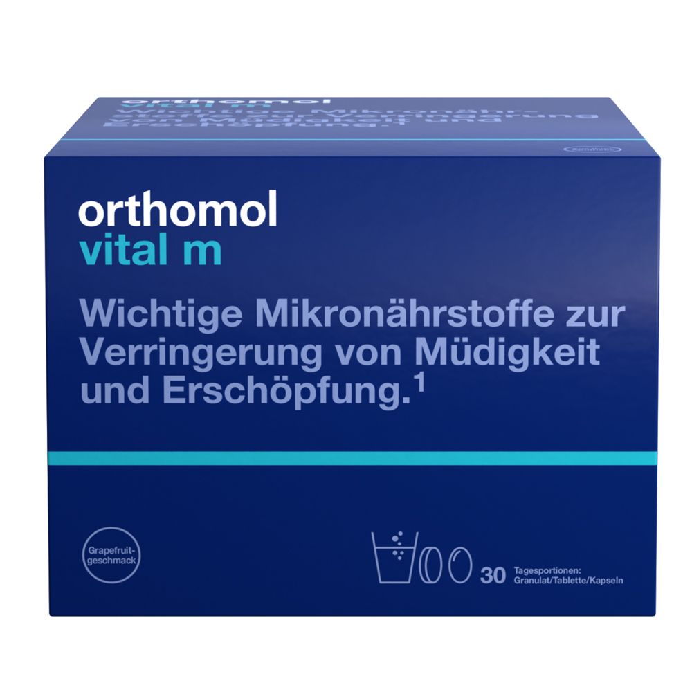 Orthomol Vital m für Männer - bei Müdigkeit - mit B-Vitaminen und Omega-3 - Granulat/Tabletten/Kapseln - Grapefruit-Geschmack
