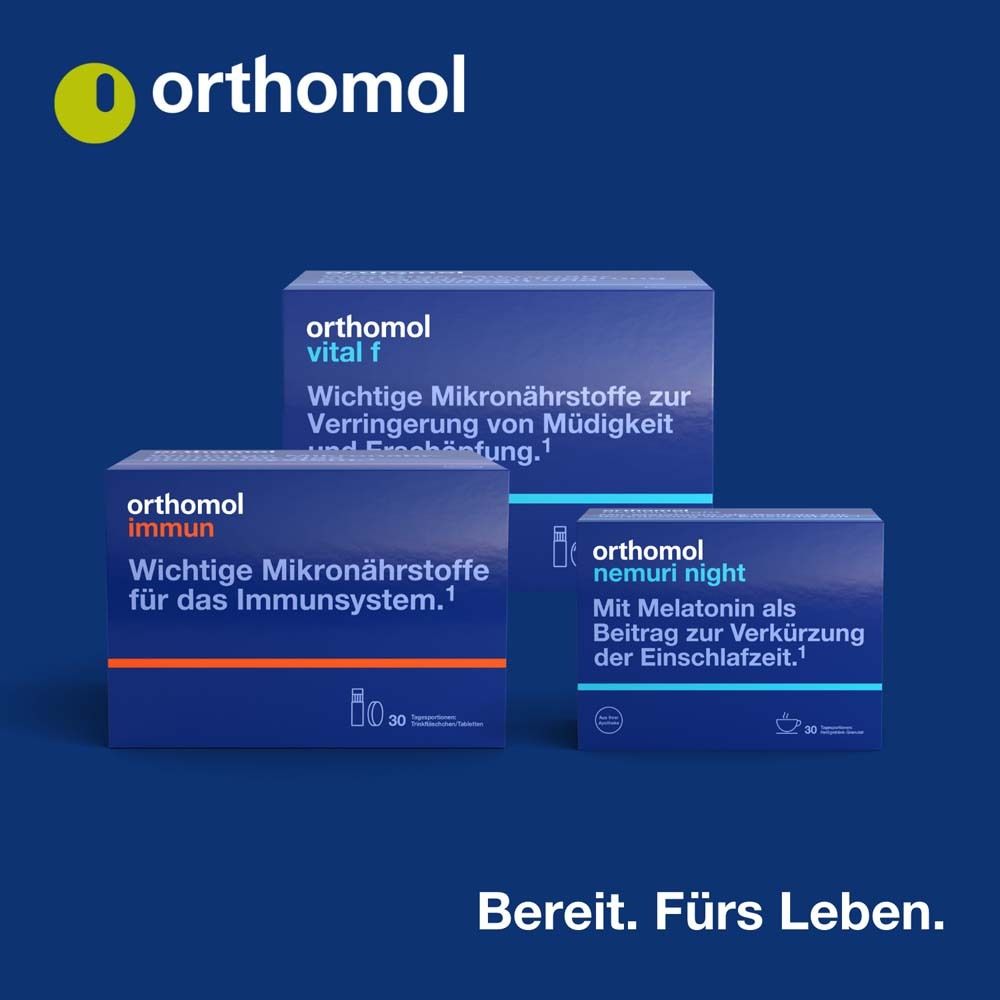 Orthomol Vital m: Packung mit Granulat, Tablette und Kapsel. Einfache Verwendung mit Wasser.