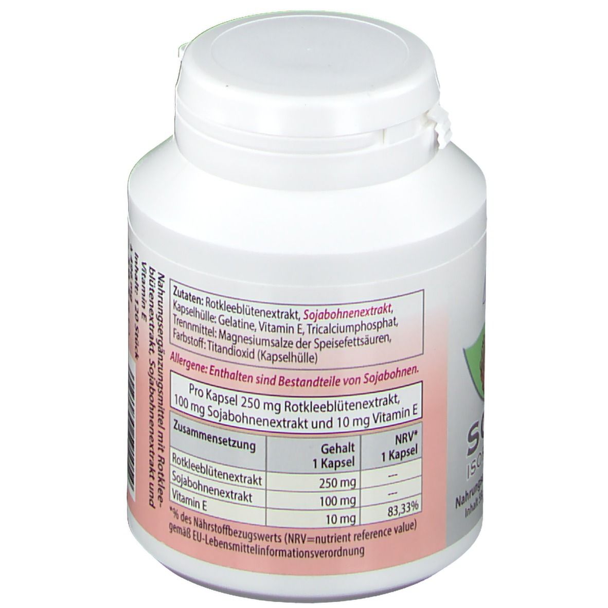 Rückseite der weißen Flasche. Text mit Inhaltsstoffen, Nährwertangaben und Allergenhinweis.