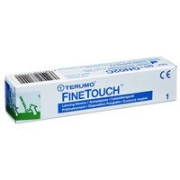 TERUMO FINETOUCH Lanzettengerät in weiß-blauer Verpackung. Mit CE-Kennzeichnung und der Angabe "1".