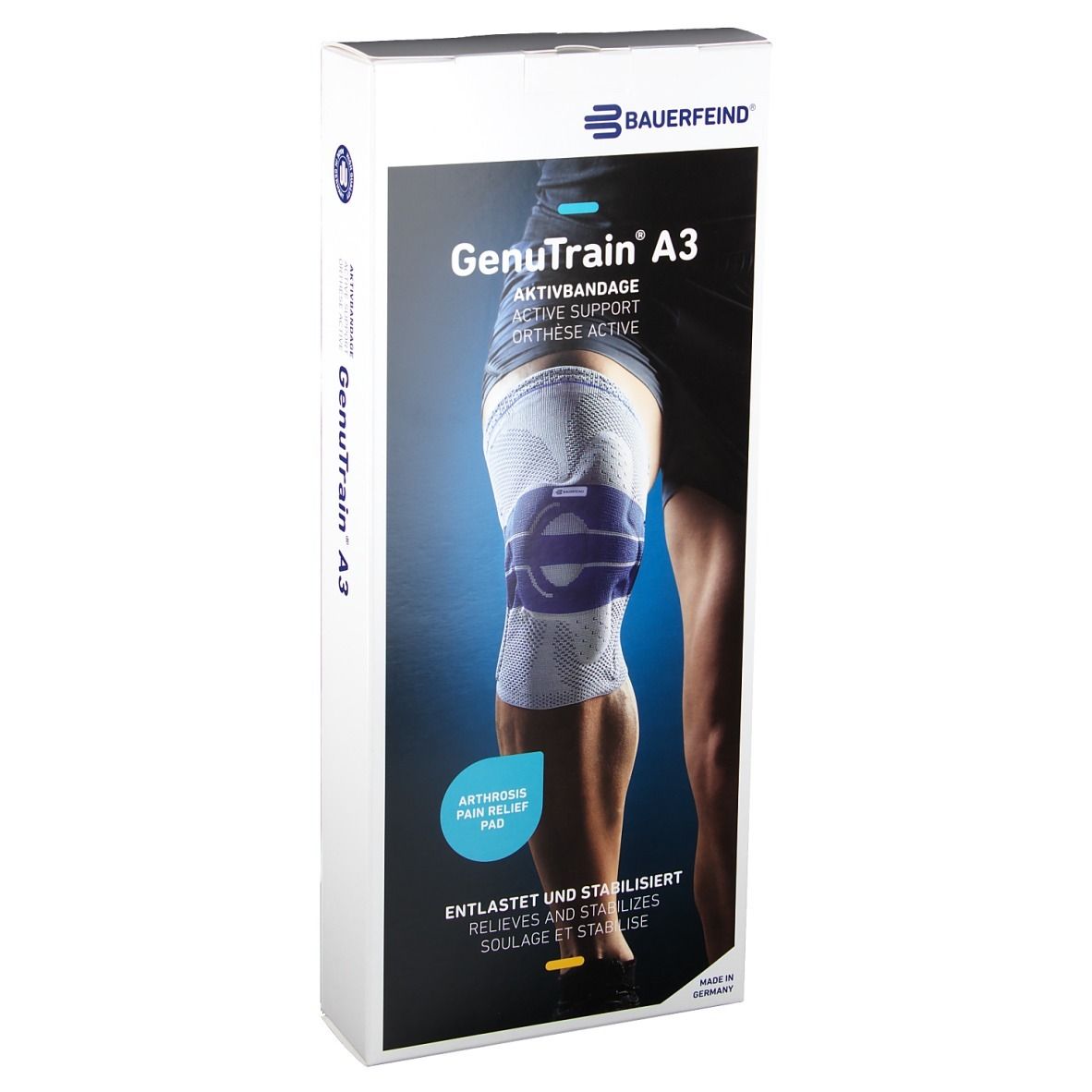 Verpackung der Kniebandage. Marke Bauerfeind. Produktname GenuTrain A3. Aufdruck: Aktivbandage, Active Support, Orthèse Active.