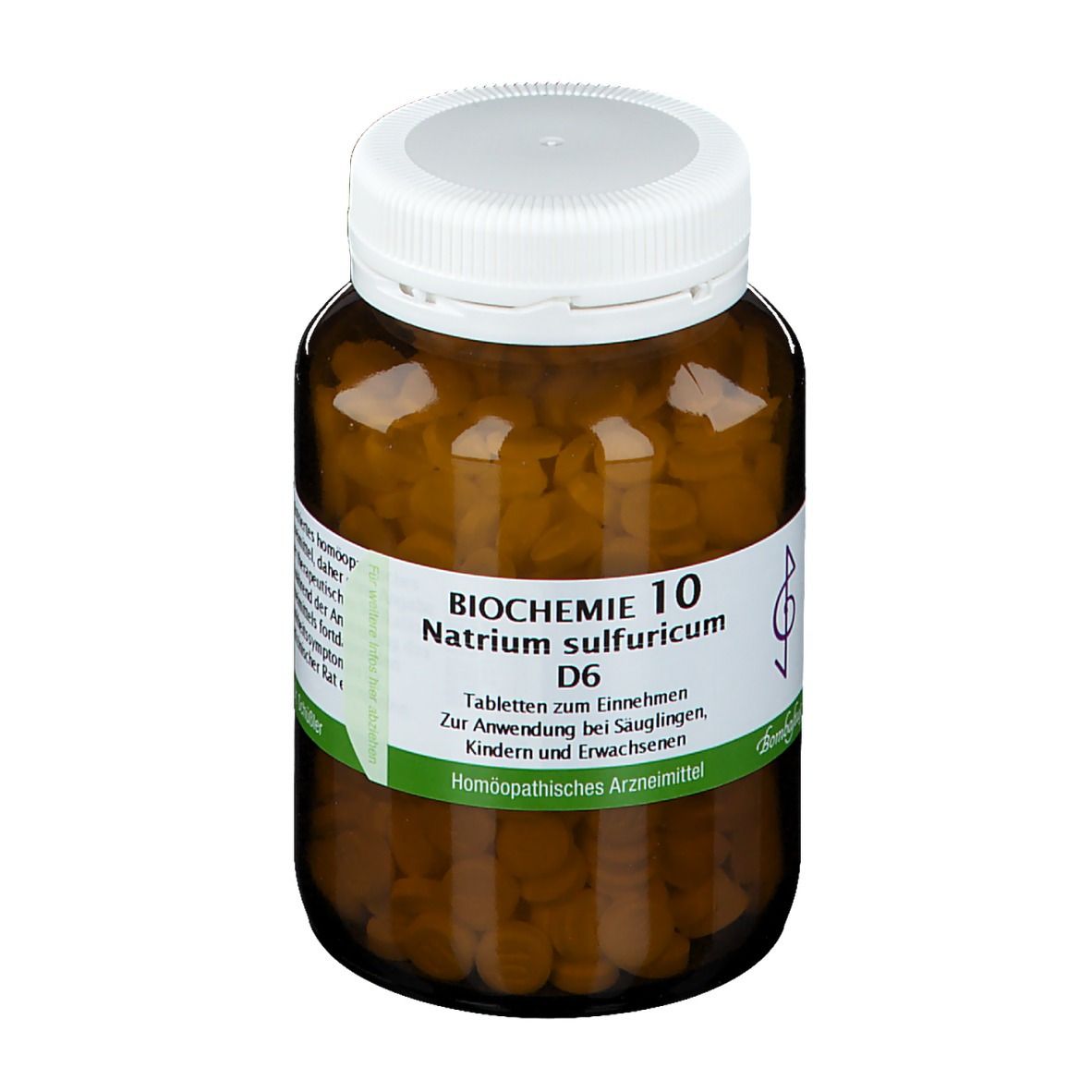 Braune Glasflasche mit weißen Deckel. Etikett mit Aufschrift: Biochemie 10 Natrium sulfuricum D6 Tabletten.