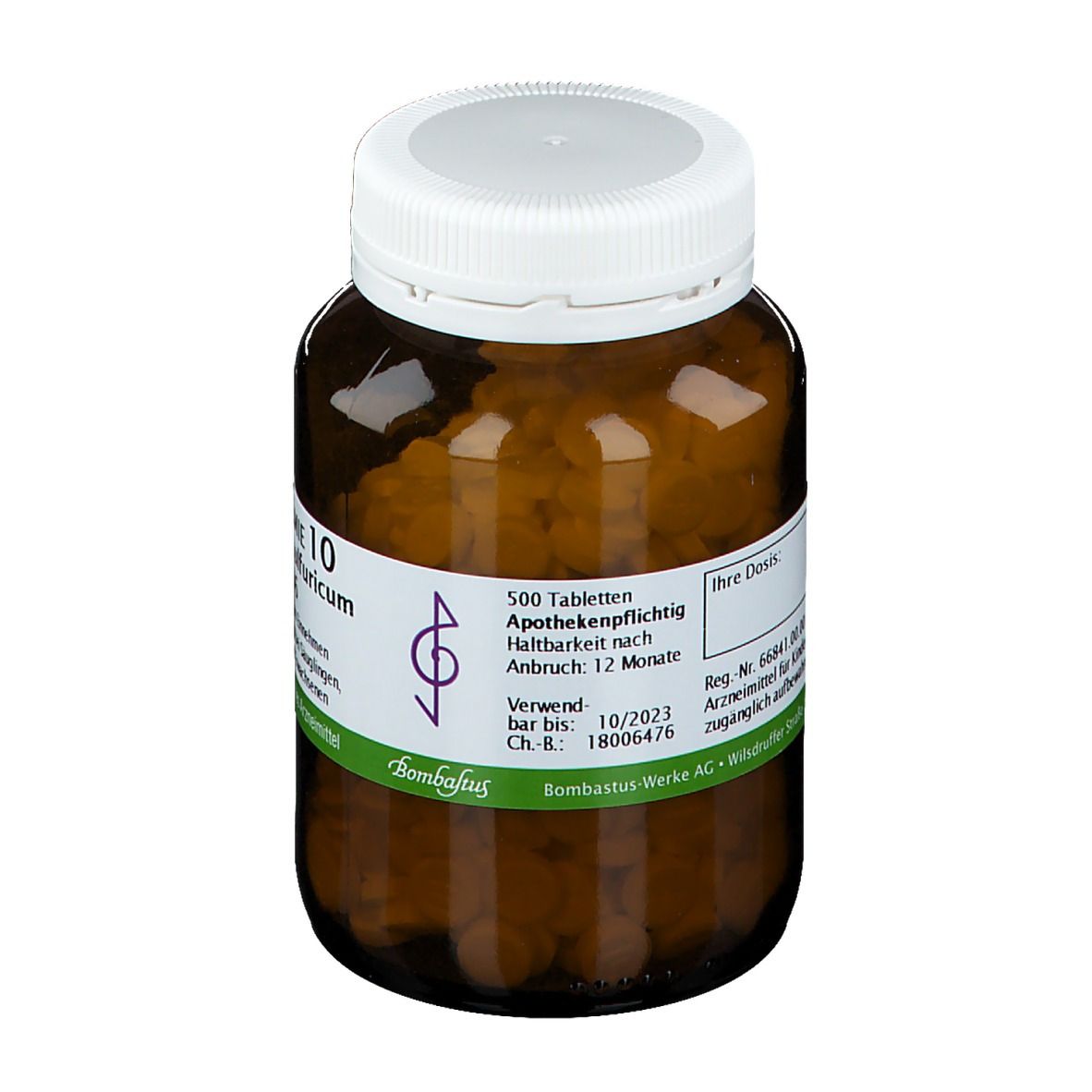 Braune Glasflasche mit weißen Deckel. Etikett mit Aufschrift: Biochemie 10 Natrium sulfuricum D6, 500 Tabletten.