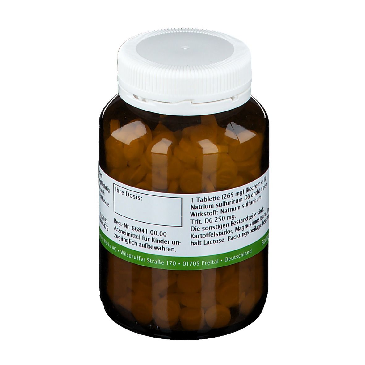 Braune Glasflasche mit weißen Deckel. Etikett mit Aufschrift: Biochemie 10 Natrium sulfuricum D6. Details zu Inhaltsstoffen.