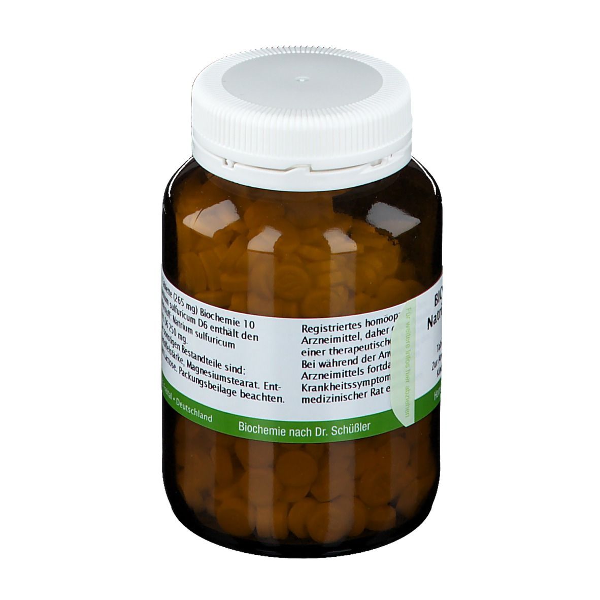 Braune Glasflasche mit weißen Deckel. Etikett mit Aufschrift: Biochemie 10 Natrium sulfuricum D6. Weitere Informationen.