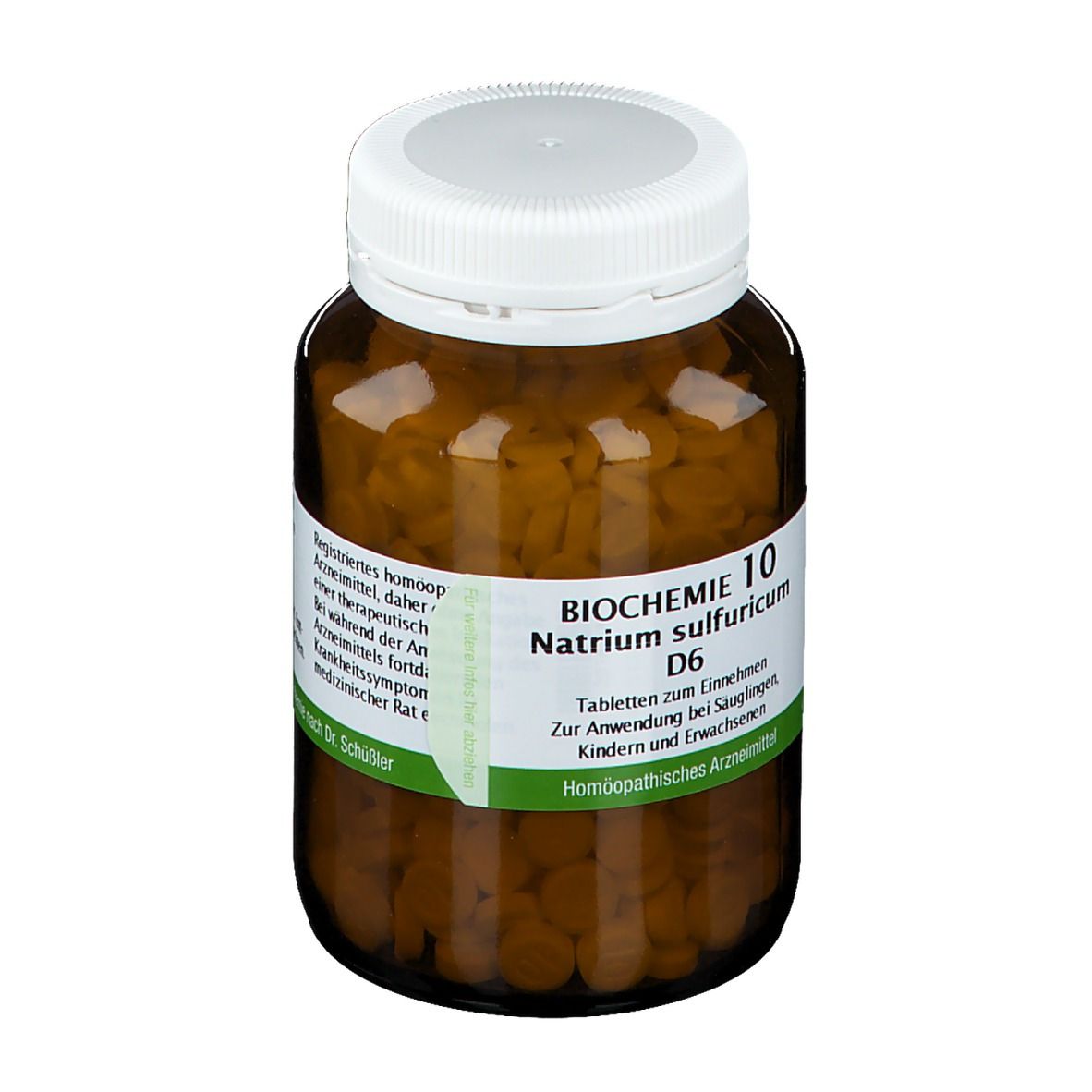 Braune Glasflasche mit weißen Deckel. Etikett mit Aufschrift: Biochemie 10 Natrium sulfuricum D6 Tabletten.