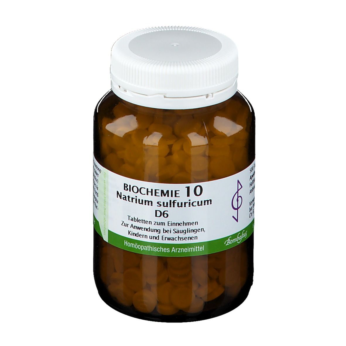 Braune Glasflasche mit weißen Deckel. Etikett mit Aufschrift: Biochemie 10 Natrium sulfuricum D6 Tabletten.