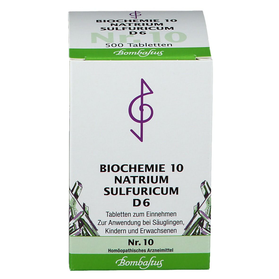 Produktverpackung: Biochemie 10 Natrium sulfuricum D6, 500 Tabletten. Weißer Karton mit Logo und Text.