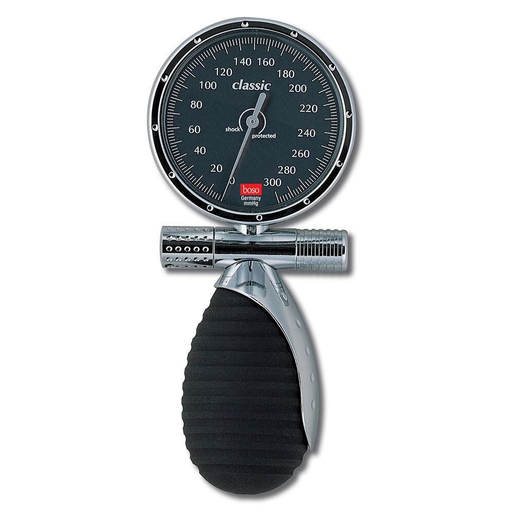 Blutdruckmessgerät mit schwarzem Zifferblatt, silbernem Gehäuse und schwarzem Gummiball. Zifferblatt mit Skala und Schriftzug "classic".