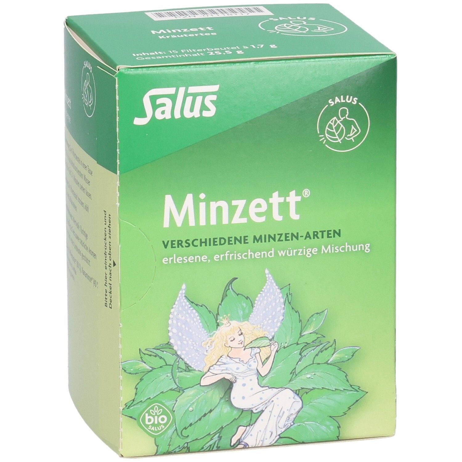 Grüne Schachtel Salus Minzett Kräutertees. Aufdruck: Minzett, verschiedene Minzen-Arten, Bio-Siegel, Engel-Illustration.